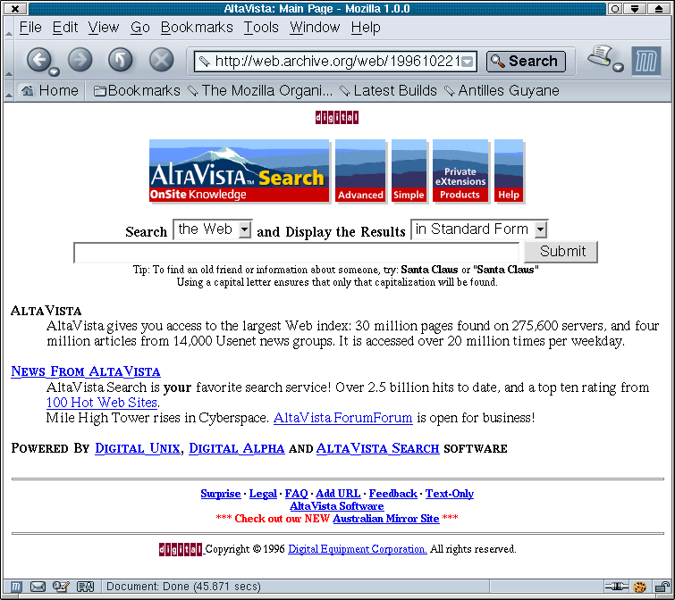 Instantané de la
page d'accueil d'Altavista le 22 octobre 1996 (archivé par le projet
*Wayback Machine*, http://www.archive.org)